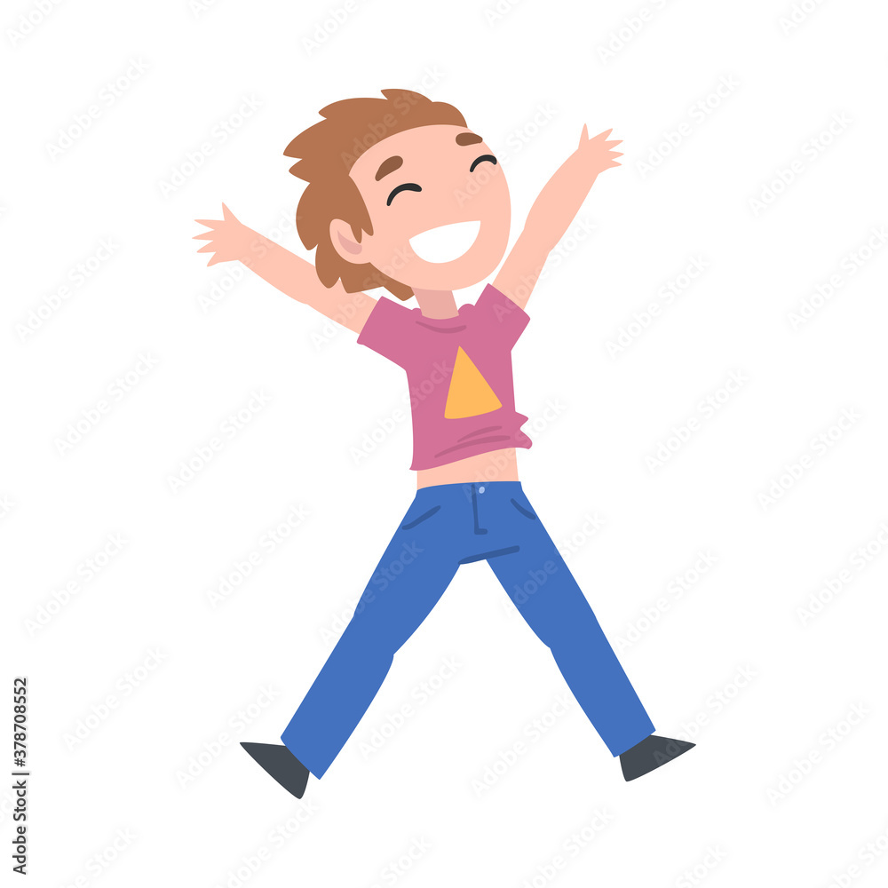Happy Little Boy with Raising Hands, Cute Preschooler Kid Having Fun Cartoon Style Vector Illustration Happy Little Boy with Raising Hands, Cute Preschooler Kid Having Fun Cartoon Style Vector Illustration