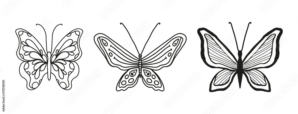 Obraz premium Butterflies with beautiful wings, wildlife insect, circles, dots and spirals. Vector design element, creative concept for wedding invitations, postcards, tickets, congratulations, branding, logo,label