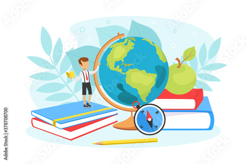 Tiny Boy Girl Studying with Huge School Supplies, School boy Standing on Pile of Books, next to Giant Earth Globe, Children Education Concept Vector Illustration