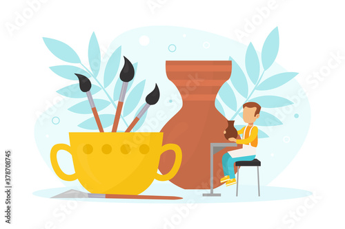 Tiny Boy Making Pot with Clay, Pottery and Ceramics, Creative Children Education Vector Illustration