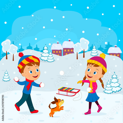 kids, boy and girl play snowballs in winter, illustration,vector