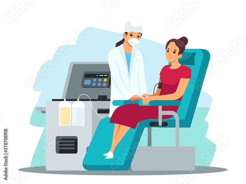 Donor donating blood in hospital. Medical healthcare organization vector illustration. Woman sitting in chair, nurse helping, collection process. Professional laboratory or foundation