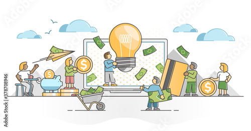 Crowdfunding financial investment for startup innovative idea outline concept. Collective money funding for new business growth support vector illustration. Entrepreneur investment in creative product