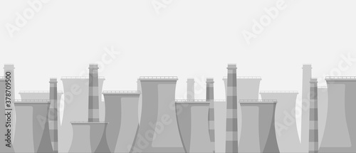 Industrial landscape. Chemical stations factories with powerful pipes oil refineries with toxic production departments huge structures of areas that pollute vector environment.