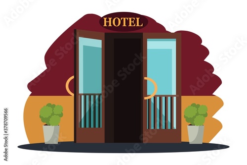 Hotel entrance interior design background. Happy holiday vacation vector illustration. Staying at modern hotel in city. Lobby for visit or trip, welcome doors open scene