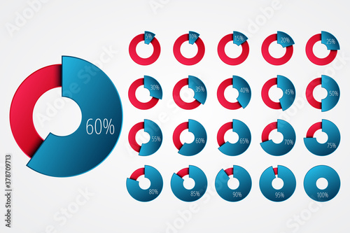 Percentage vector infographic icons set. 5 10 15 20 25 30 35 40 45 50 55 60 65 70 75 80 85 90 95 100 percent chart signs for business, web design, download, progress, presentation, finance