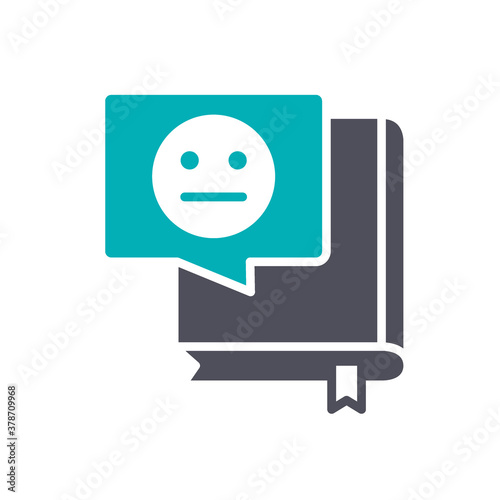 Book with neutral face colored icon. Unemotional review, negative feedback symbol