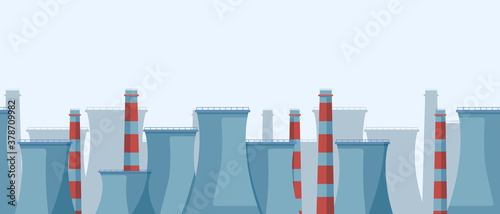 Industrial horizontal landscape. Oil refineries with toxic production departments huge structures chemical stations factories with powerful pipesof areas that pollute vector environment.