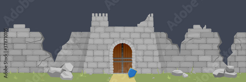 Ruined medieval fortress illustration. Broken walls and fortifications smashed by catapults thrown shield of castle defenders symbol of final defeat piles stones after battering vector cannon.