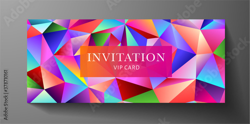 Colorful VIP Invitation template with rainbow polygon background, geometric poly pattern (triangle mosaic shape texture). Premium holiday design template useful for Gift certificate, Voucher, Gift car