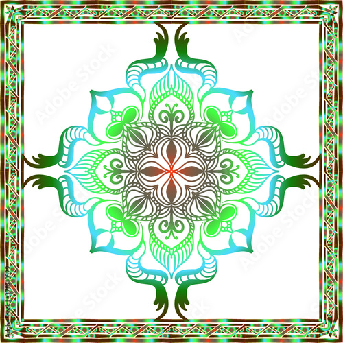 Decorative abstract colorful background, geometric floral doodle pattern with ornate lace frame. Tribal ethnic ornament. Bandanna shawl fabric print, silk neck scarf or kerchief design