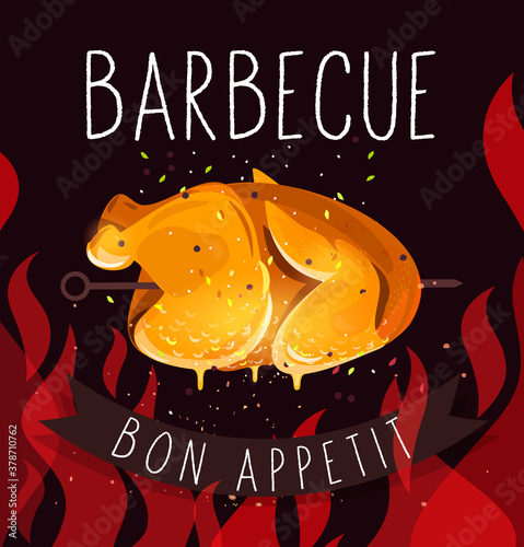 Chicken fried. Hearty food. BBQ. Chicken kebabs. Skewers. Spices. Tasty food. Barbecue. Fried foods. Vector illustration.