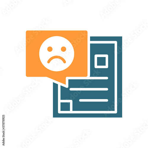 Document with sad face colored icon. Profile, dislike, upset customer, disapprove symbol