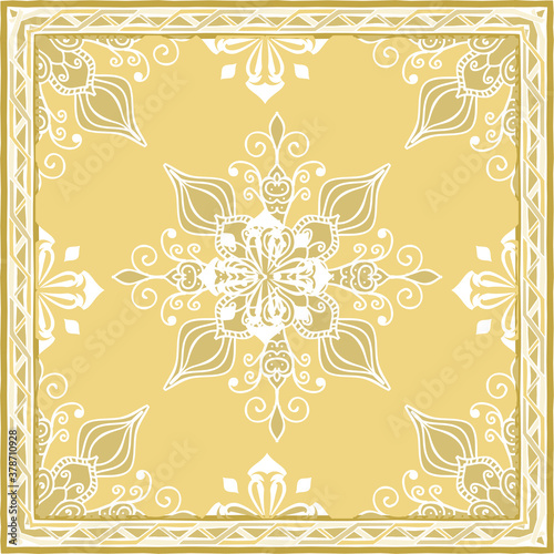 Decorative abstract colorful background, geometric floral doodle pattern with ornate lace frame. Tribal ethnic ornament. Bandanna shawl fabric print, silk neck scarf or kerchief design
