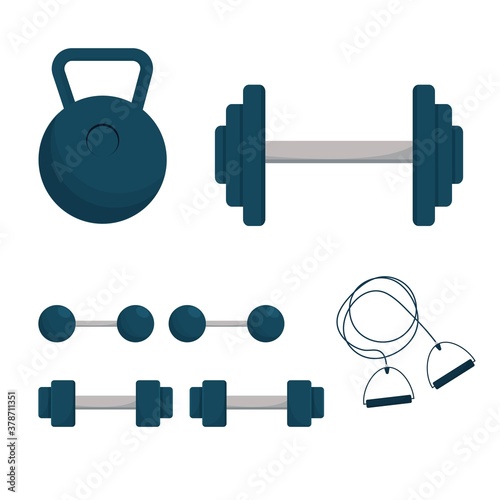 Set of dumbbell, expanders, training equipment isolated on white background. Fitness, bodybuilding concept clipart.