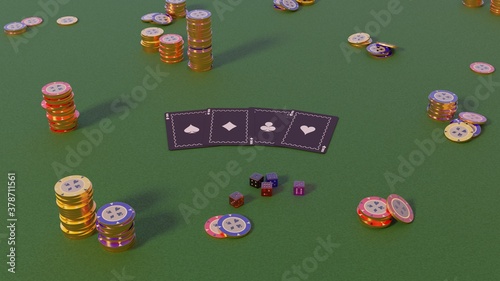 Collection realistic of isometric casino chips, poker chips and dice on green, day time. 3d rendering