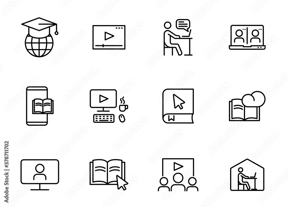 e learning line vector icons isolated on white. e learning icons for web and ui design, mobile apps, print and business promo advertising e learning line vector icons isolated on white. e learning icons for web and ui design, mobile apps, print and business promo advertising