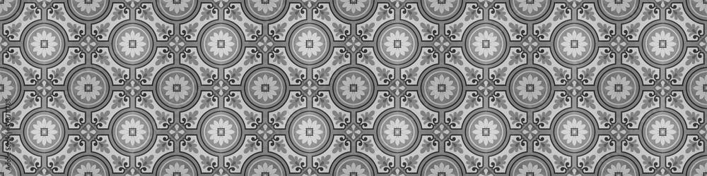 Seamless vintage retro pattern grunge grey gray anthracite concrete cement stone tile wallpaper wall texture, with circle flower leaf square mosaic geometric motif print background banner panorama