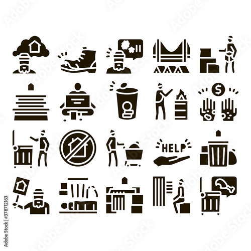 Homeless Beggar People Glyph Set Vector. Homelessness And Shoe, Living On Streets Poor Human, Trash And Abandon Glyph Pictograms Black Illustrations