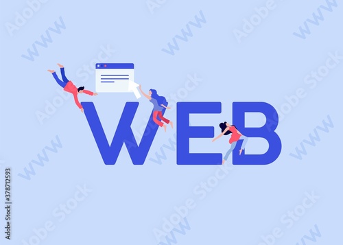 WEB development illustration. Online programming and coding of websites applications on computers and mobile devices communication home page and responsive marketing vector monitoring.