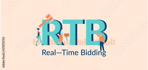 RTB real time bidding illustration. Selling advertising in financial market successful corporate business with marketing advertisers promotion of funds in due time.