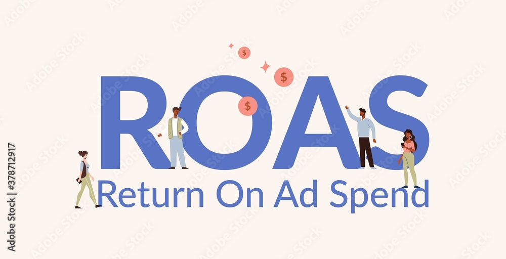 ROAS return on ad spend illustration. Investment profit and income from financial transactions analysis profitable assets and calculation net earnings creation industrial control over vector capital.