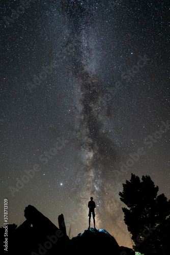 Rear view of 1 person silhouette at night over rocks with milky way