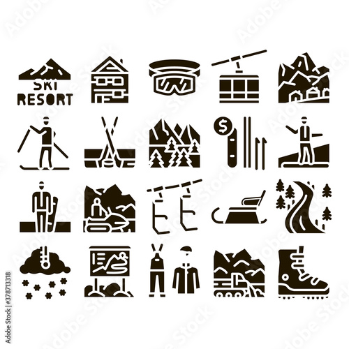 Ski Resort Vacation Glyph Set Vector. Ski Snow Track And Shoe, Protective Glasses And Sled, Chairlift Cableway And Cabin Glyph Pictograms Black Illustrations