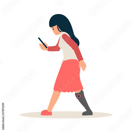 Disabled people with disabilities and prosthesis. A young girl with one leg is walking with prosthesis legs. Women with incapabilities cartoon characters. Prosthetic hand vector flat illustration.