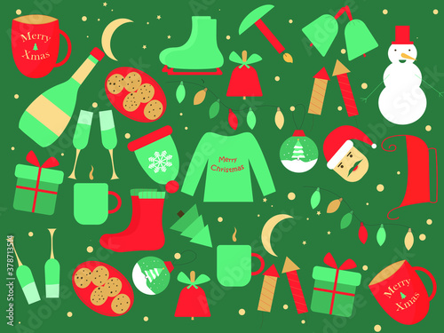 Christmas doodle with champagne, christmas ball, tree, santa claus, socks, candle, hot chocolate, coffee, cookies. Simple christmas objects. Vector illustration.