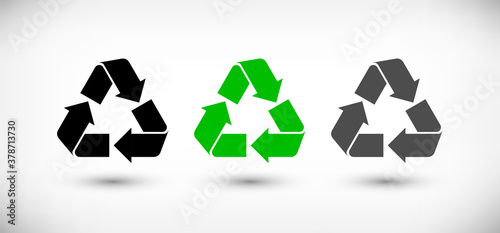 Package sign recyclable material set. Simple black International recycling symbol, waste processing icon isolated on white background. Vector Illustration for box, design, infographic.