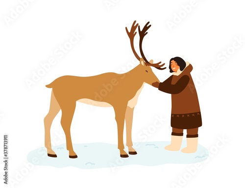 Smiling eskimo woman hugging reindeer vector flat illustration. Female in traditional folk costume standing with horned arctic animal isolated. Northern person in national clothes owner of deer