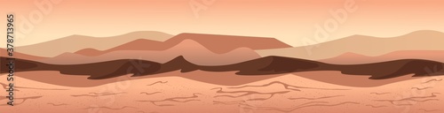 Sandy landscape of Mars. Futuristic yellow Martian desert gray orange sand dunes with rock interplanetary travel colonization uninhabitable surface with mandatory vector terrorism deep soil craters.