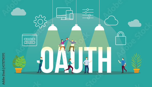 oauth open authorization concept with people and big text word and related icon flat