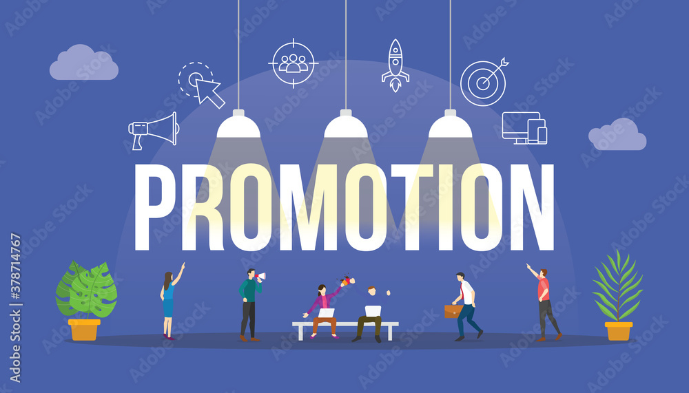 promotion business concept with people and big text word and related icon flat