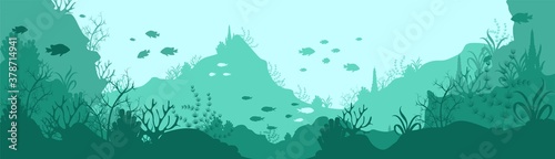 Fototapeta Naklejka Na Ścianę i Meble -  Green underwater world silhouette background. Deep seaweed corals growing on rocks and hills tropical fish swimming in small schools natural aquatic vector landscape with beautiful ecosystem.