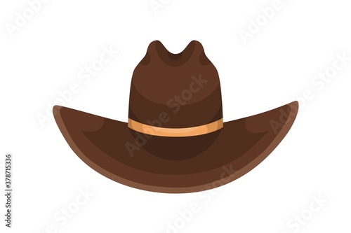 Brown cowboy hat decorated with golden ribbon vector flat illustration. Colorful male headdress in country or western style isolated on white. Fashionable head accessory for rancher or rodeo