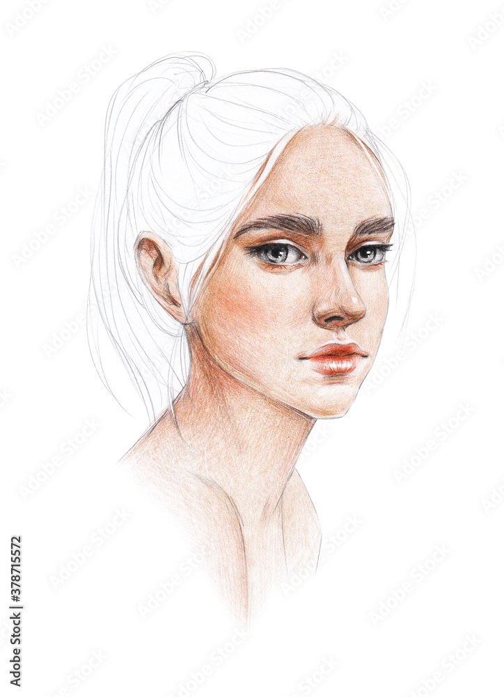 portrait sketch of a young beautiful girl with long straight white hair ...