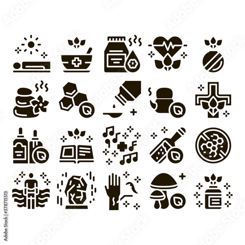 Traditional Naturopathy Medicine Icons Set Vector. Naturopathy Alternative Therapy With Honey And Herb, Music And Mushrooms Glyph Pictograms Black Illustrations