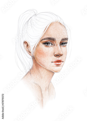 portrait sketch of a young beautiful girl with long straight white hair gathered in a ponytail drawing with colored pencils photo