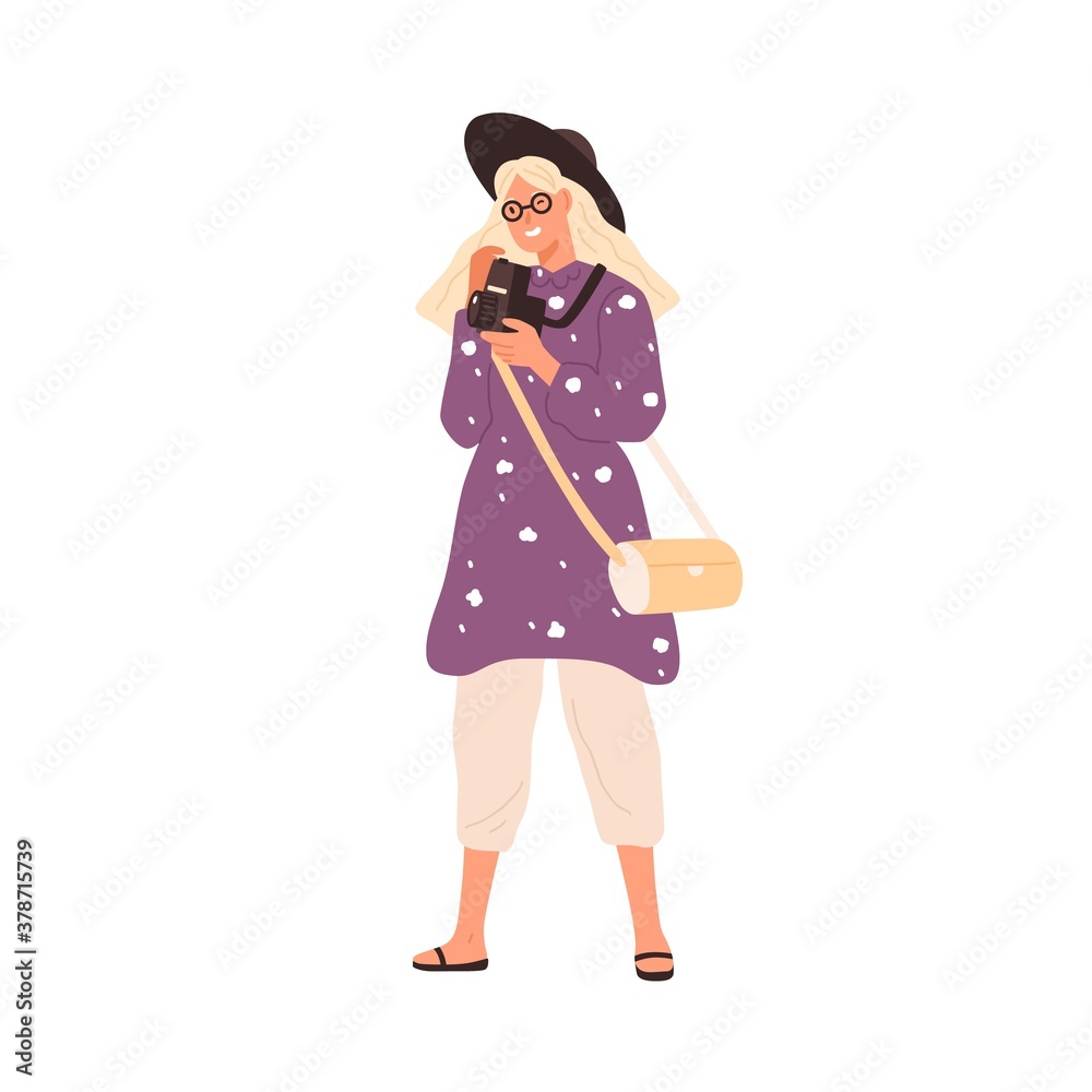 Fashion female with film camera 120 mm vector flat illustration. Smiling travel woman in stylish hat taking photo isolated on white. Happy creative person enjoying art hobby use photographic equipment Fashion female with film camera 120 mm vector flat illustration. Smiling travel woman in stylish hat taking photo isolated on white. Happy creative person enjoying art hobby use photographic equipment