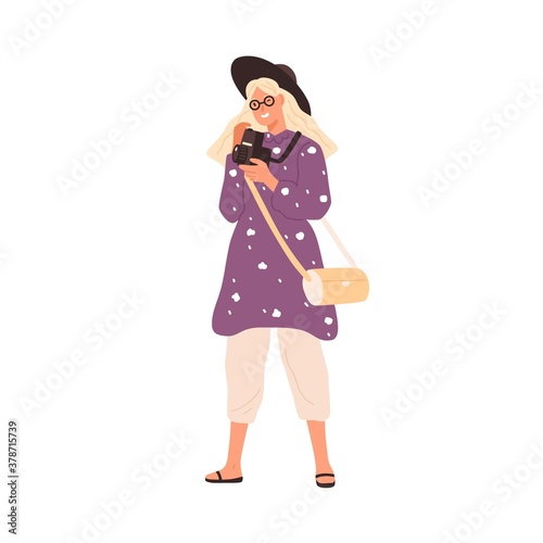 Fashion female with film camera 120 mm vector flat illustration. Smiling trav...