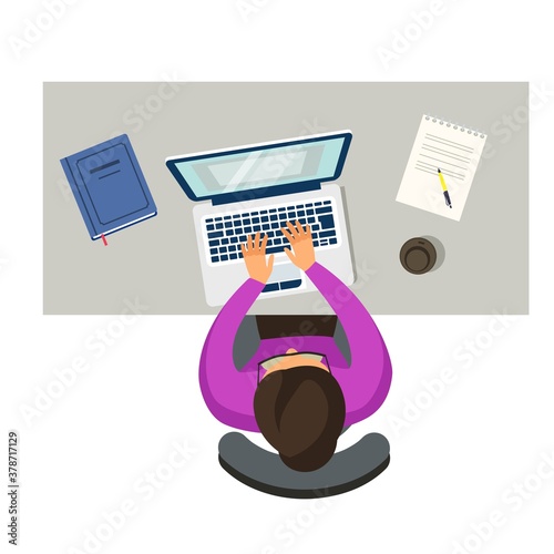 Woman working in workspace. Female studying at desk with laptops and books in university campus, cafe or office workplace. Business interior design vector illustration
