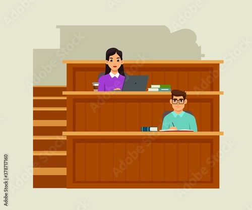 Teen students studying at college. Boy and girl at university receiving higher education. Smiling pupils learning and writing at class, sitting with coffee. Lecture amphitheater vector illustration