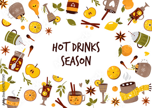 Colorful collection with hot drinks mulled wine, cocoa, coffee. Design, poster for menu, special propositions.