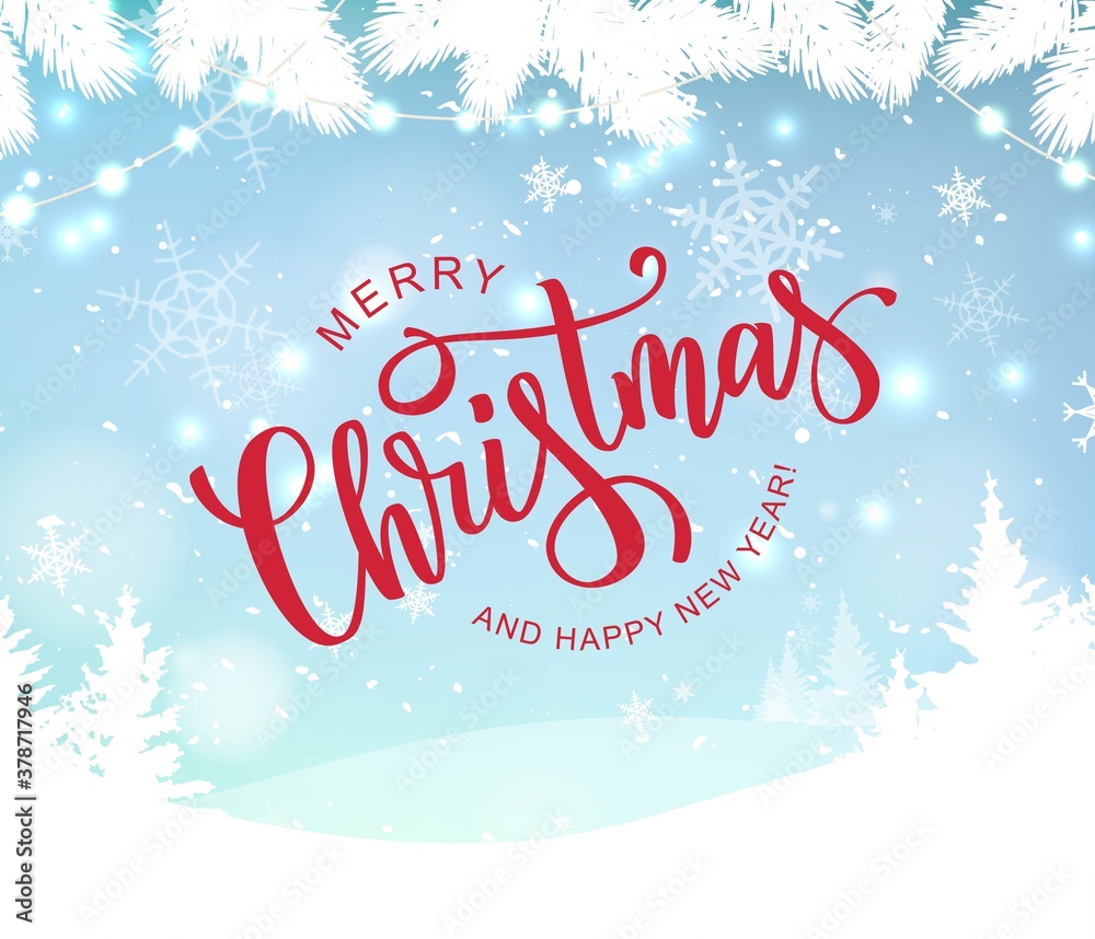 Merry Christmas red hand lettering text. Vector illustration.	