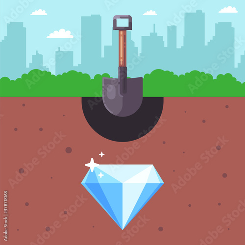 look for treasures underground. buried diamond. extract valuable resources. flat vector illustration.