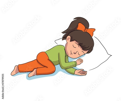 Happy child sleeping dreaming at night. Little calm girl lying on white pillow in green and orange pajamas in bedroom asleep. Childhood at bedtime vector illustration. Good night sleep