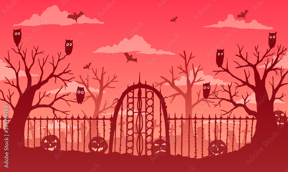 Vector illustration. Halloween. Gates with fencing among pumpkins and cemetery 