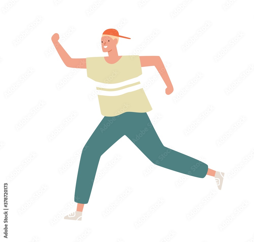 Funny male teenager in cap and sportswear running or moving fast vector flat illustration. Smiling boy jogging enjoying healthy lifestyle isolated. Happy teen having outdoor sports activity Funny male teenager in cap and sportswear running or moving fast vector flat illustration. Smiling boy jogging enjoying healthy lifestyle isolated. Happy teen having outdoor sports activity